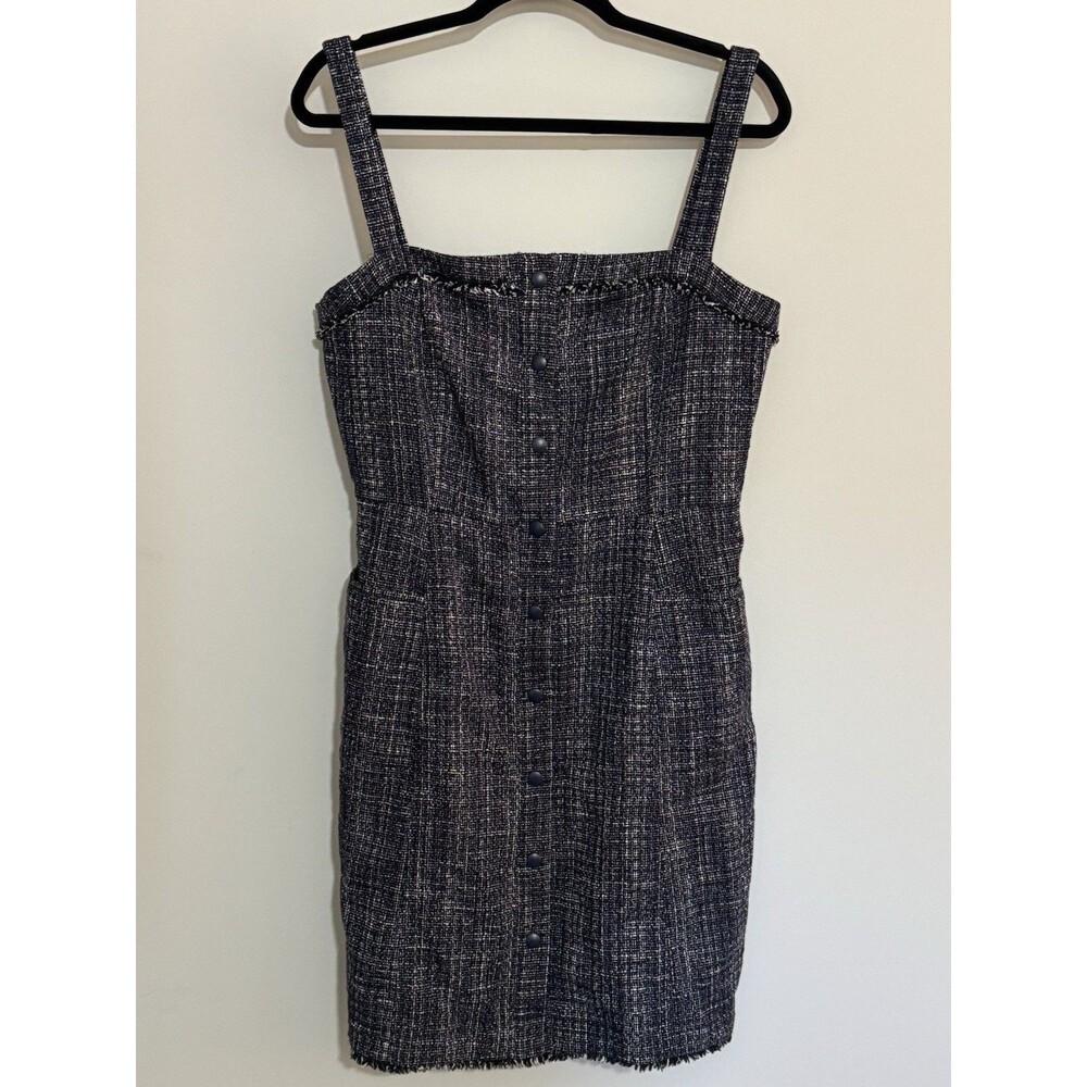 Banana Republic Size 12 L Navy Blue Tweed Button-Front Sleeveless Dress